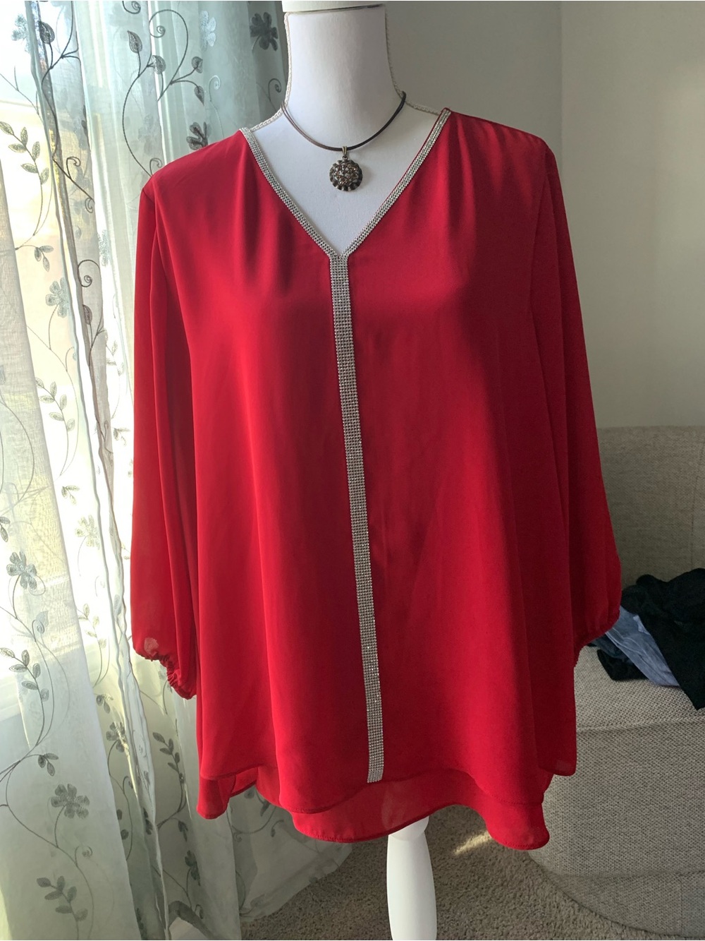 JM Collection Red V-Neck Blouse with Rhinestone Trim